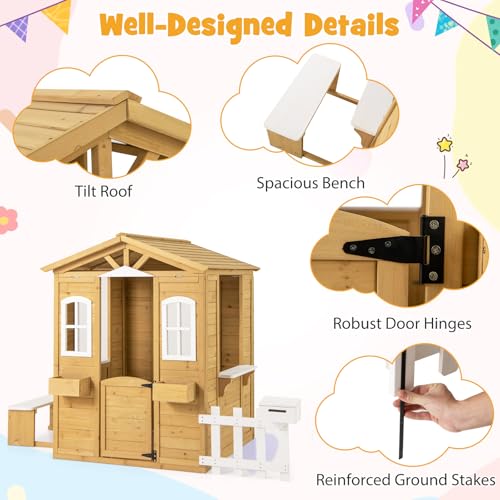 Fir Wood Outdoor Playhouse with Bench, Mailbox, Fence, Windows & Door P625210