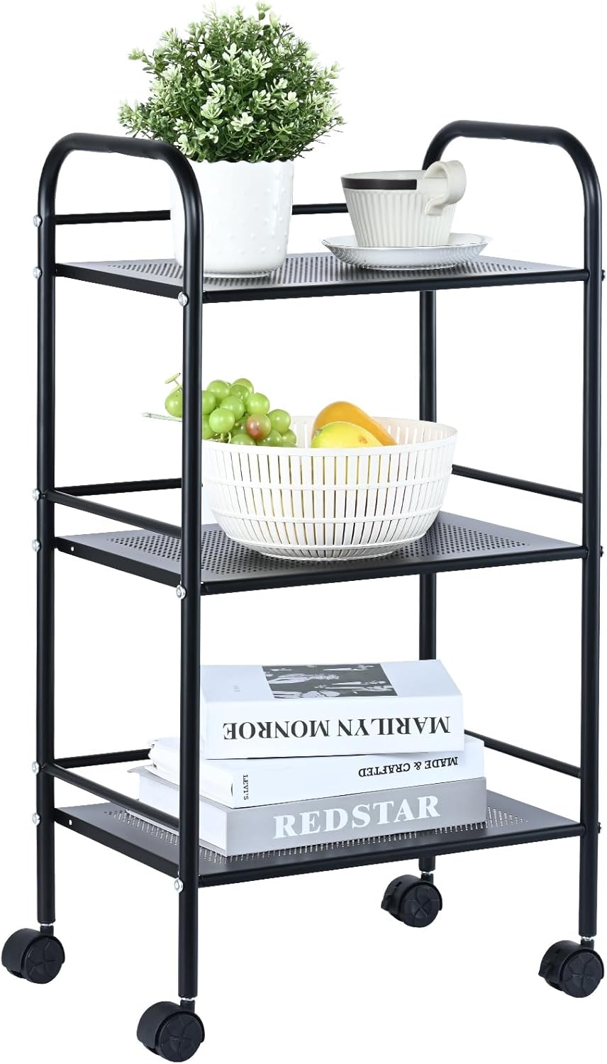 Black 3-Tier Metal Rolling Cart with Lockable Wheels A112473
