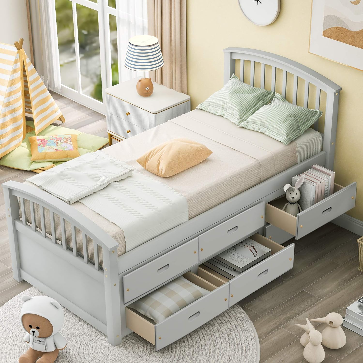 Gray Solid Wood Twin Size Platform Storage Bed with 6 Drawers A261