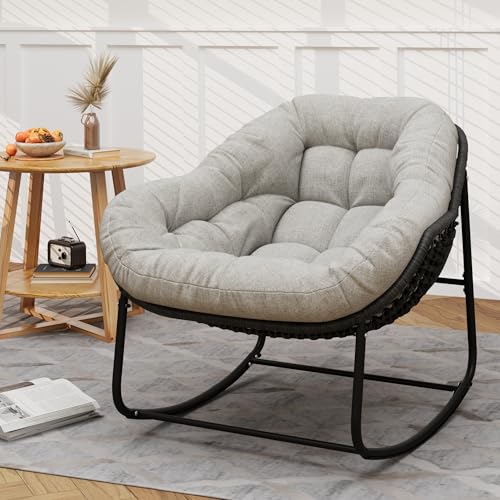 Beige Oversized Wicker Rocking Chair with Cushion N895302