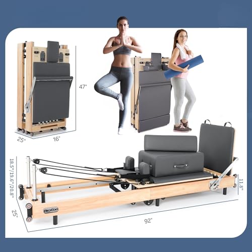 Foldable Wood Pilates Reformer with Sitting Box, Jump Board and Anti-Slip Mat M510884