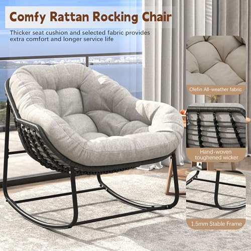 Beige Oversized Wicker Rocking Chair with Cushion N895302