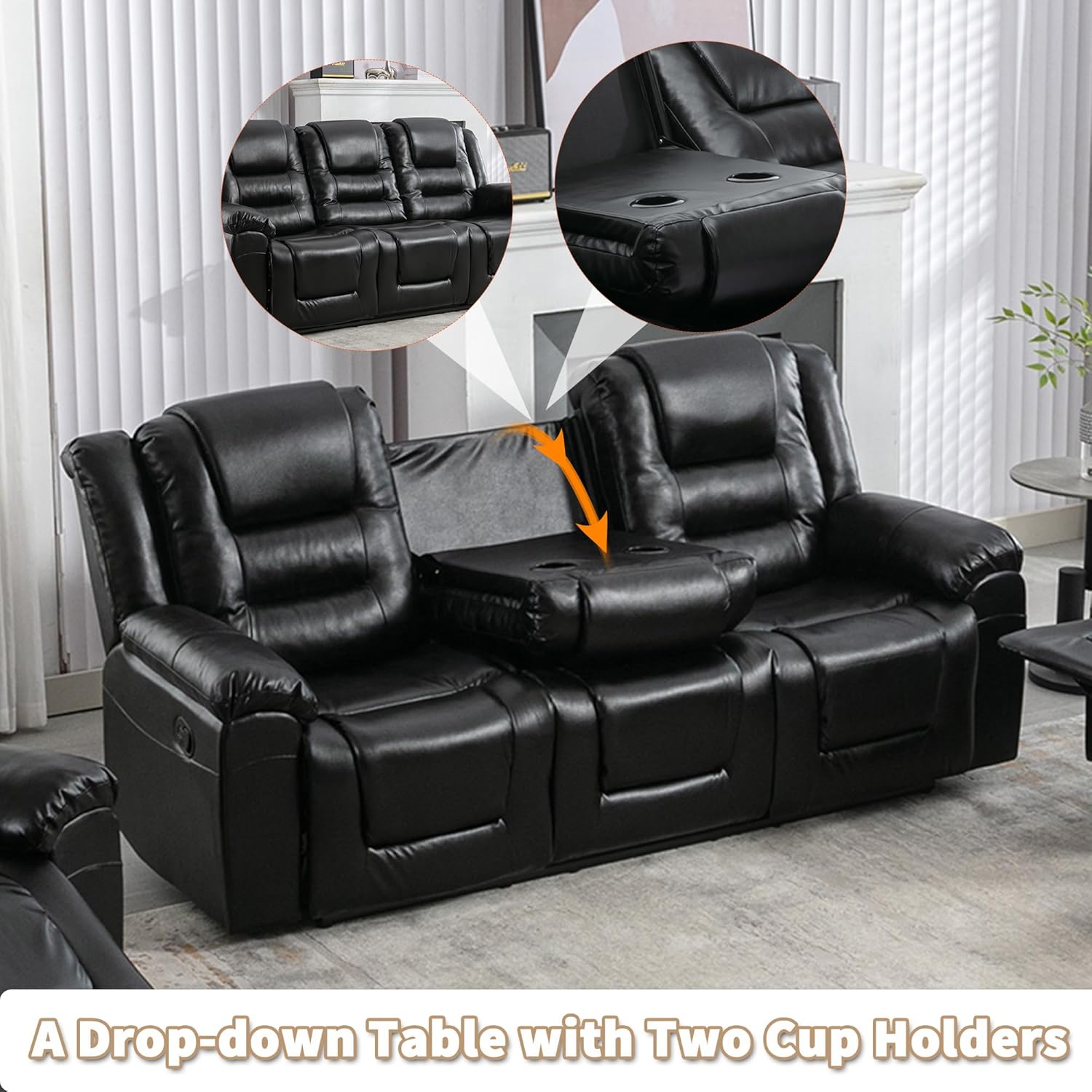 3 Seater Manual Reclining Leather Sofa with Center Console N35640