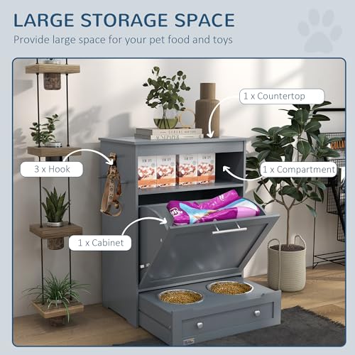 White Pet Feeder Station Storage Cabinet with Dog Raised Bowls M14826