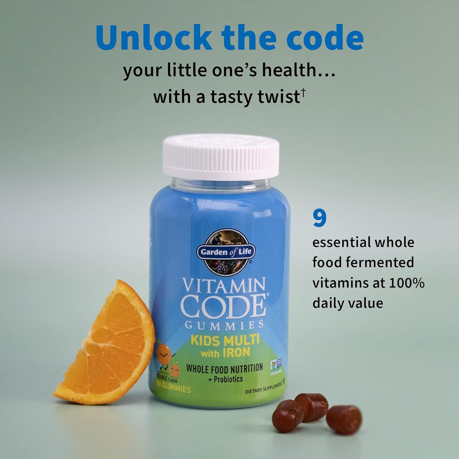 Kids Multivitamin Gummy with Iron, Probiotics, Vitamins D, C, E, B, Zinc, Non-GMO, Gluten-Free, Orange, 30 Day Supply M4542