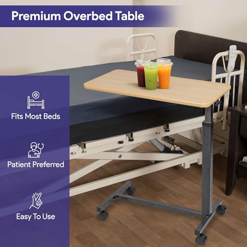 Overbed Table with Wheels Adjustable Height Wood Top E8213