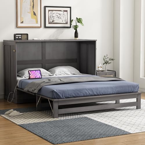 Gray Queen Size Murphy Bed with Storage Drawer X396