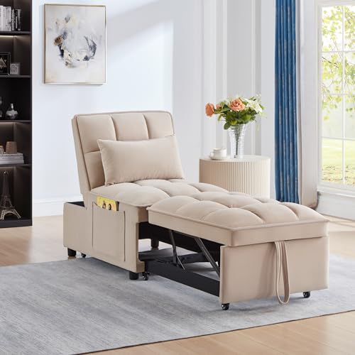 4-in-1 Folding Velvet Sleeper Chair Bed with Storage Pockets R1024