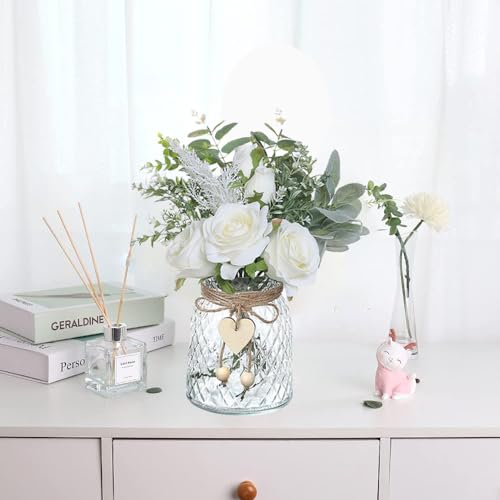 Artificial Flowers with Vase, Silk Hydrangea Flower Bouquet, Faux Flower Arrangement (White) Q44750