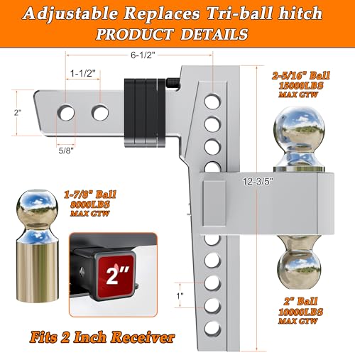 Adjustable Drop Hitch, Tri-Ball (1-7/8'', 2'', 2-5/16''), Fits 2-Inch Receiver, 8 Inch Drop, 15000 LBS GTW, Heavy Duty Solid Ball Mount, Silver R596