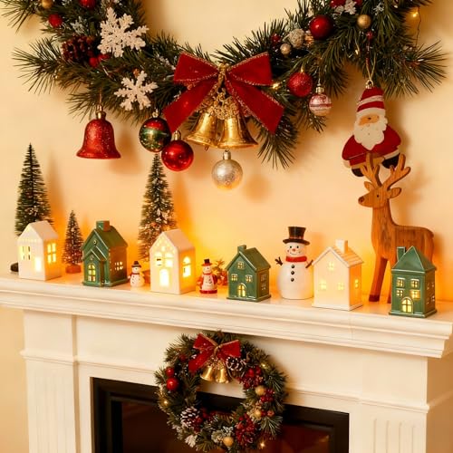 6 Pcs Ceramic LED Lighted Christmas Village Houses Green and White F2188
