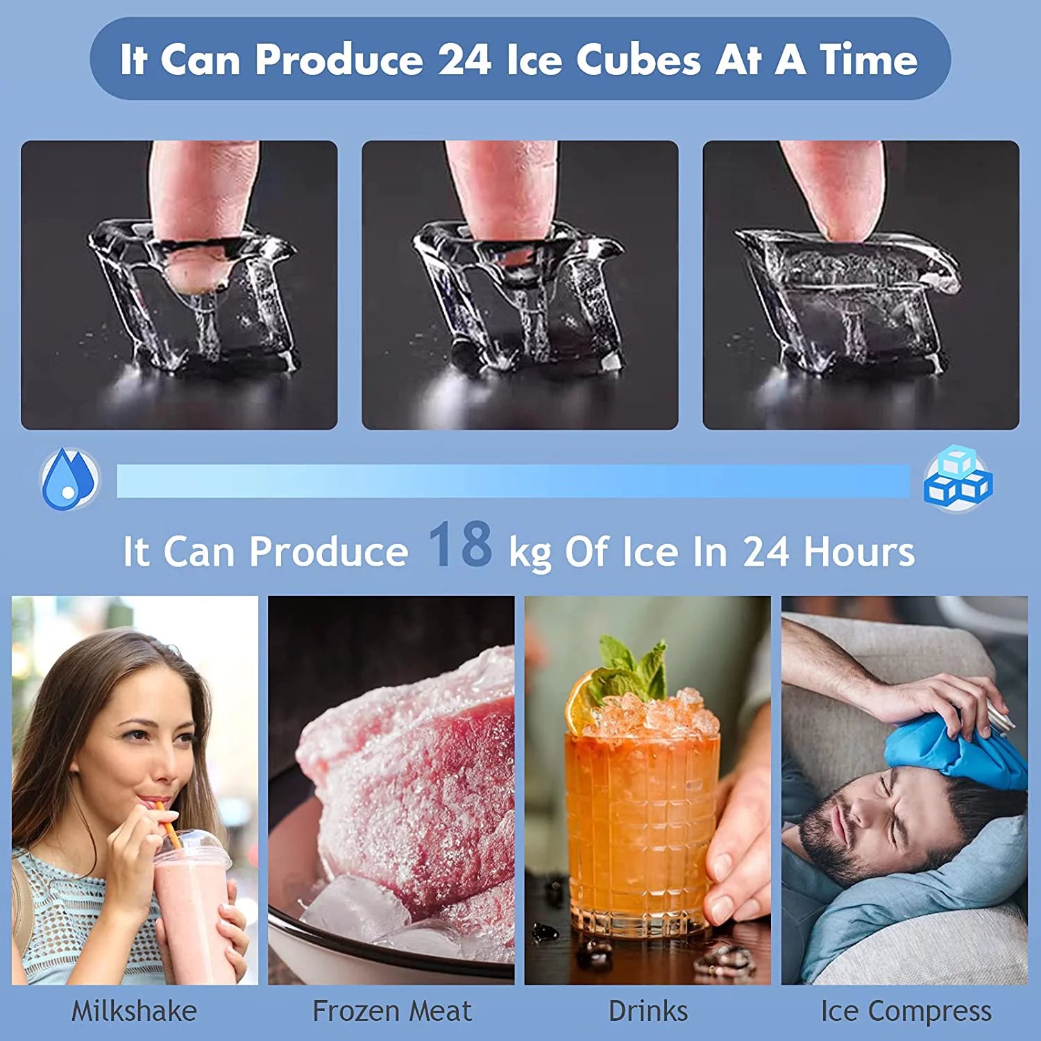 Compact Ice Maker Machine, 45 Lbs/24H, 24 Pcs/13 Mins, Self-Cleaning V3595
