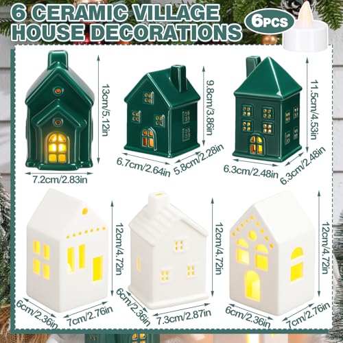 6 Pcs Ceramic LED Lighted Christmas Village Houses Green and White F2188
