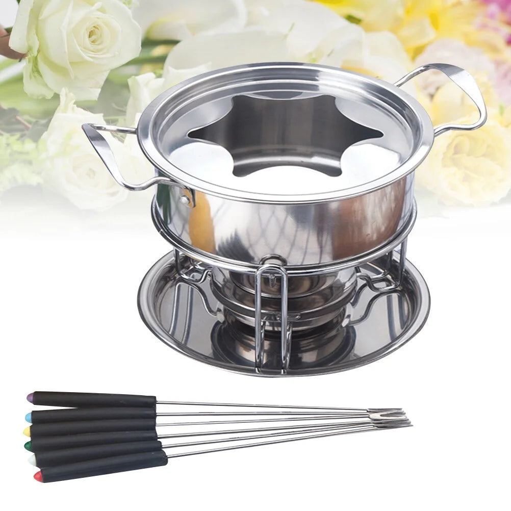 10-Piece Set Stainless Steel Chocolate Melting Pot Cheese Fondue Set G352906