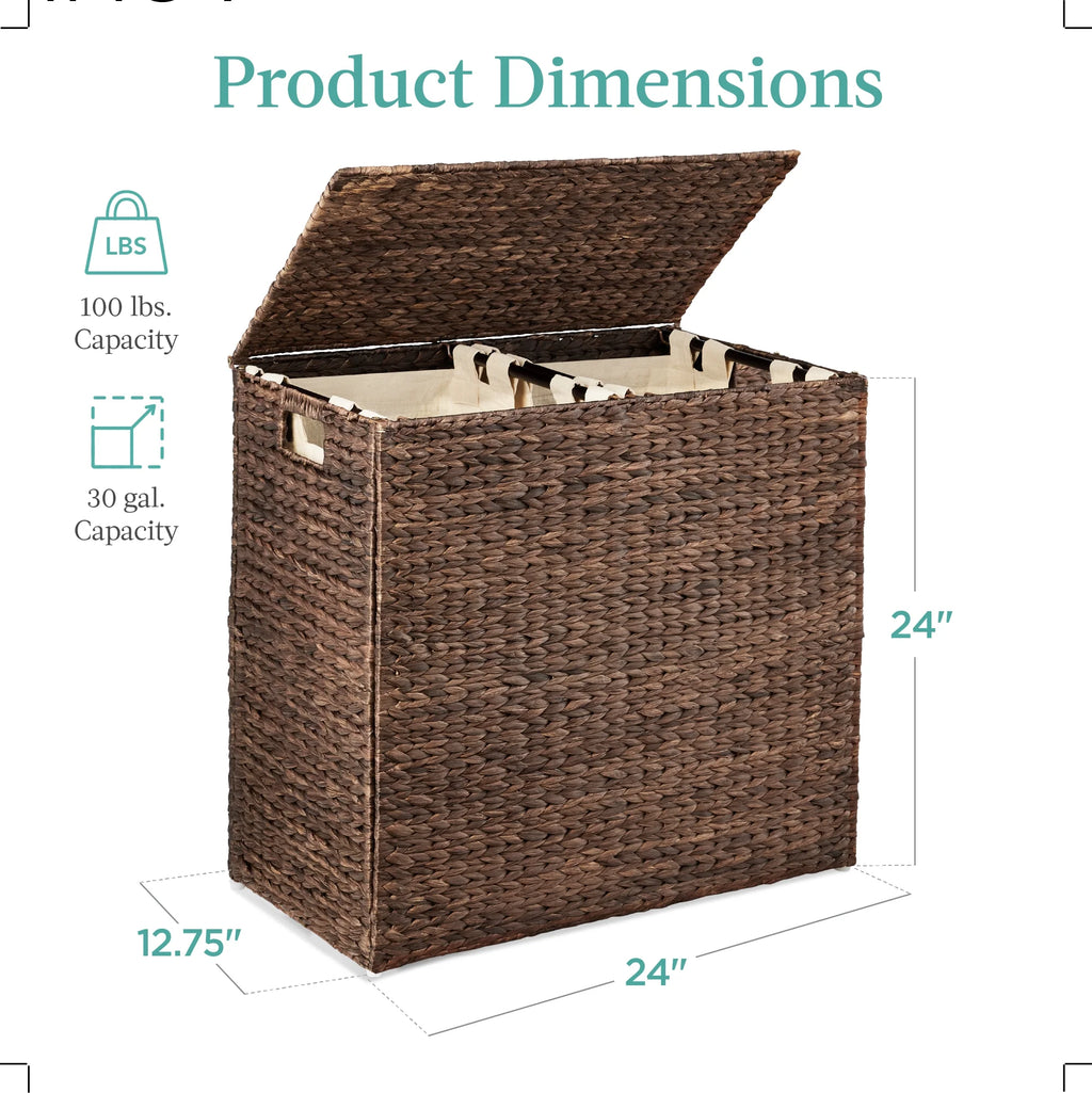Large Natural Water Hyacinth Double Laundry Hamper Basket with 2 Liner Bags C36935