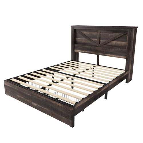 Grey King Bed Frame with Storage Drawers and Bookcase Headboard T8688