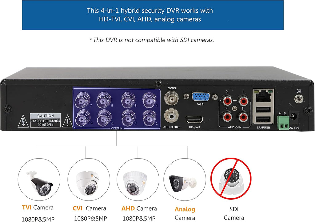 Super HD 1080P H.265+ 8-Channel Hybrid 4-in-1 DVR Security Recorder with 1TB Hard Drive Q736