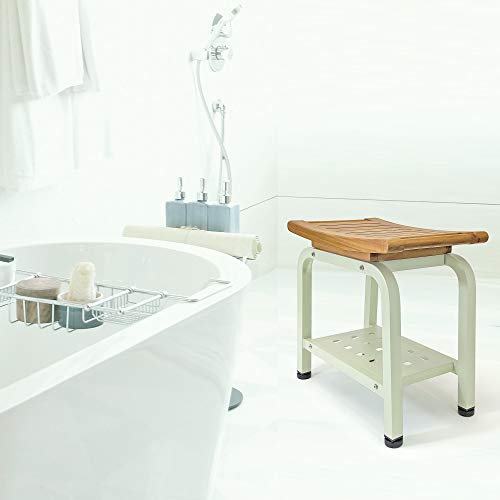 Teak & Aluminum Shower Bench with Storage Shelf I874