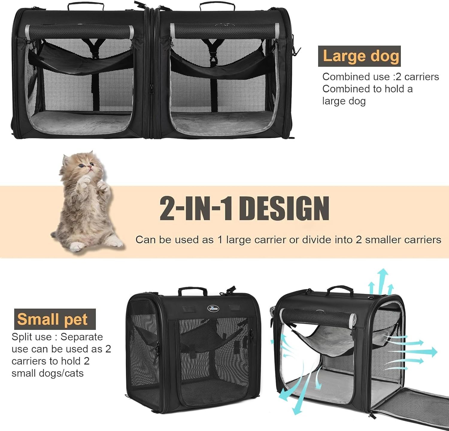 2-in-1 Pet Carrier for Small Dogs Cats Double Cat Carrier with Litter Box P362375