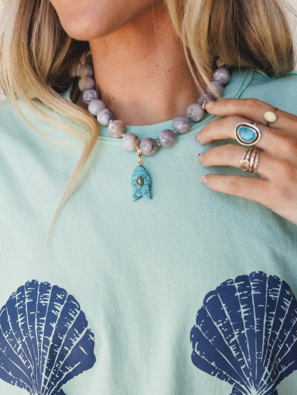 Kiawah Fish Charm Beaded Necklace  - Grey