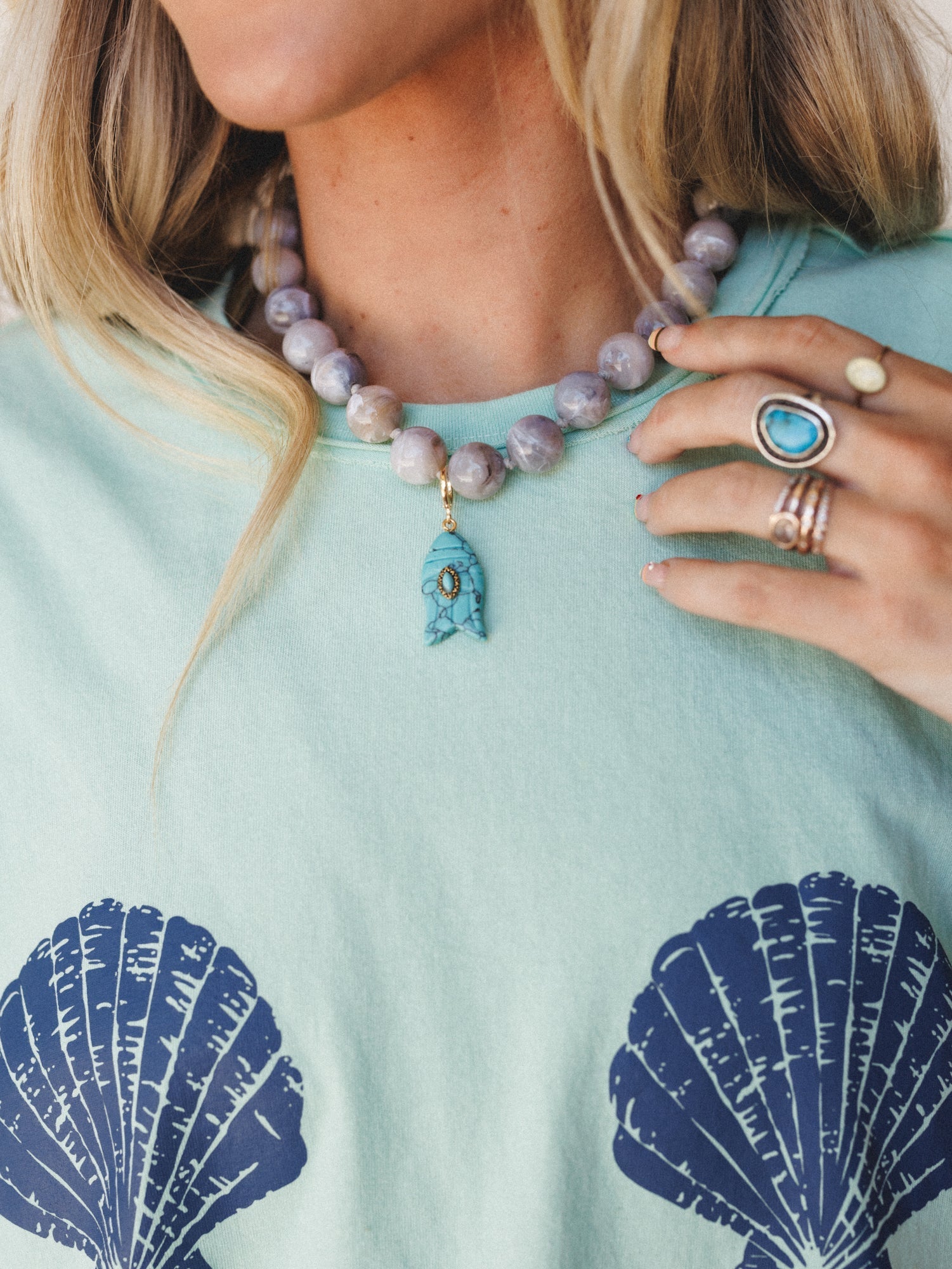 Kiawah Fish Charm Beaded Necklace  - Grey