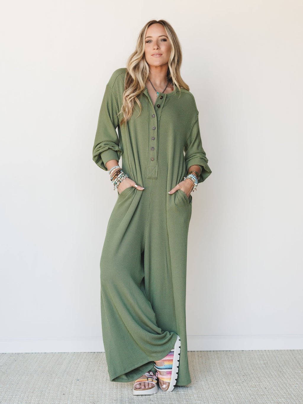 The Nest Daphne Textured Long Sleeve Jumpsuit - Army