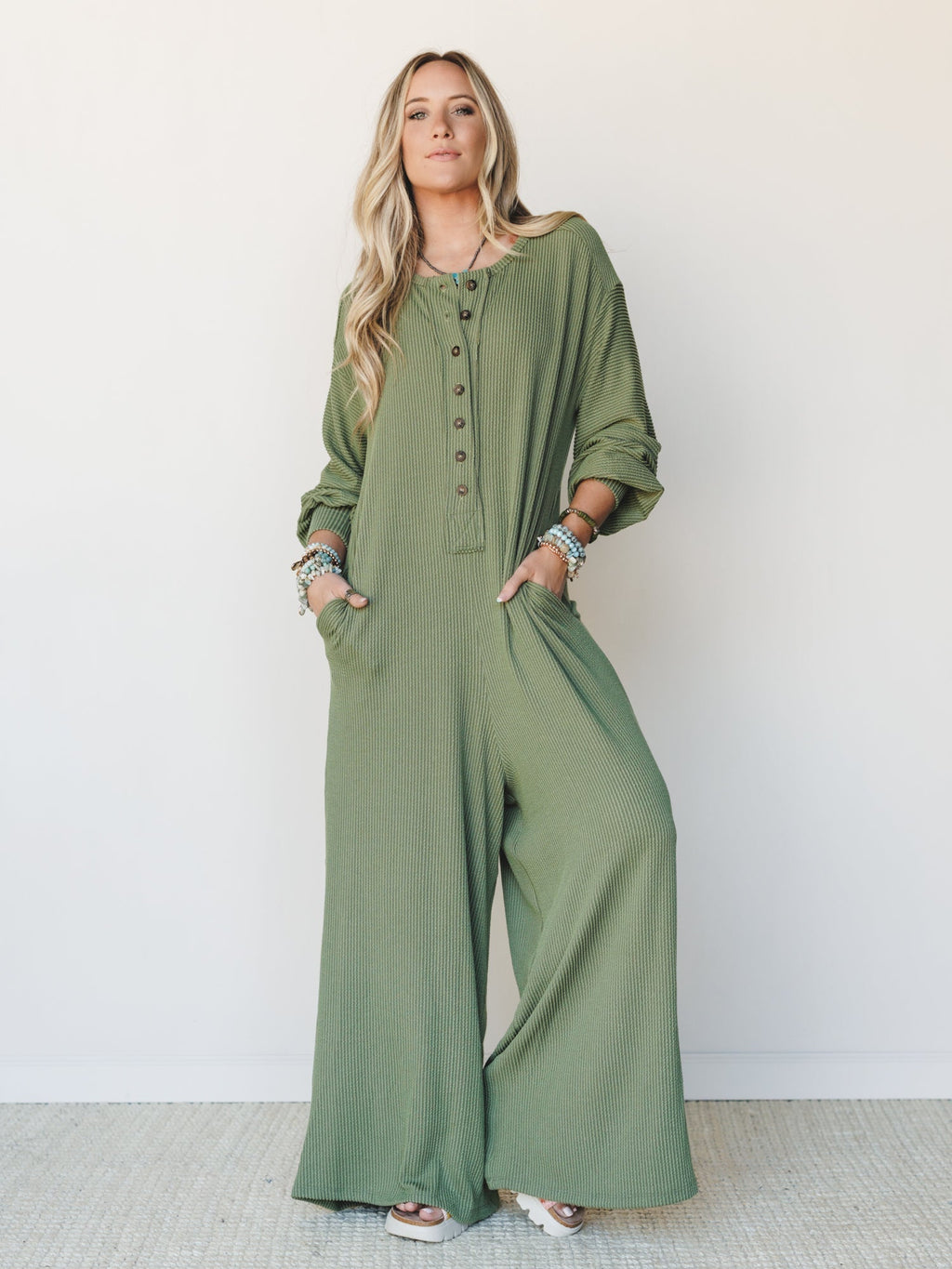 The Nest Daphne Textured Long Sleeve Jumpsuit - Army