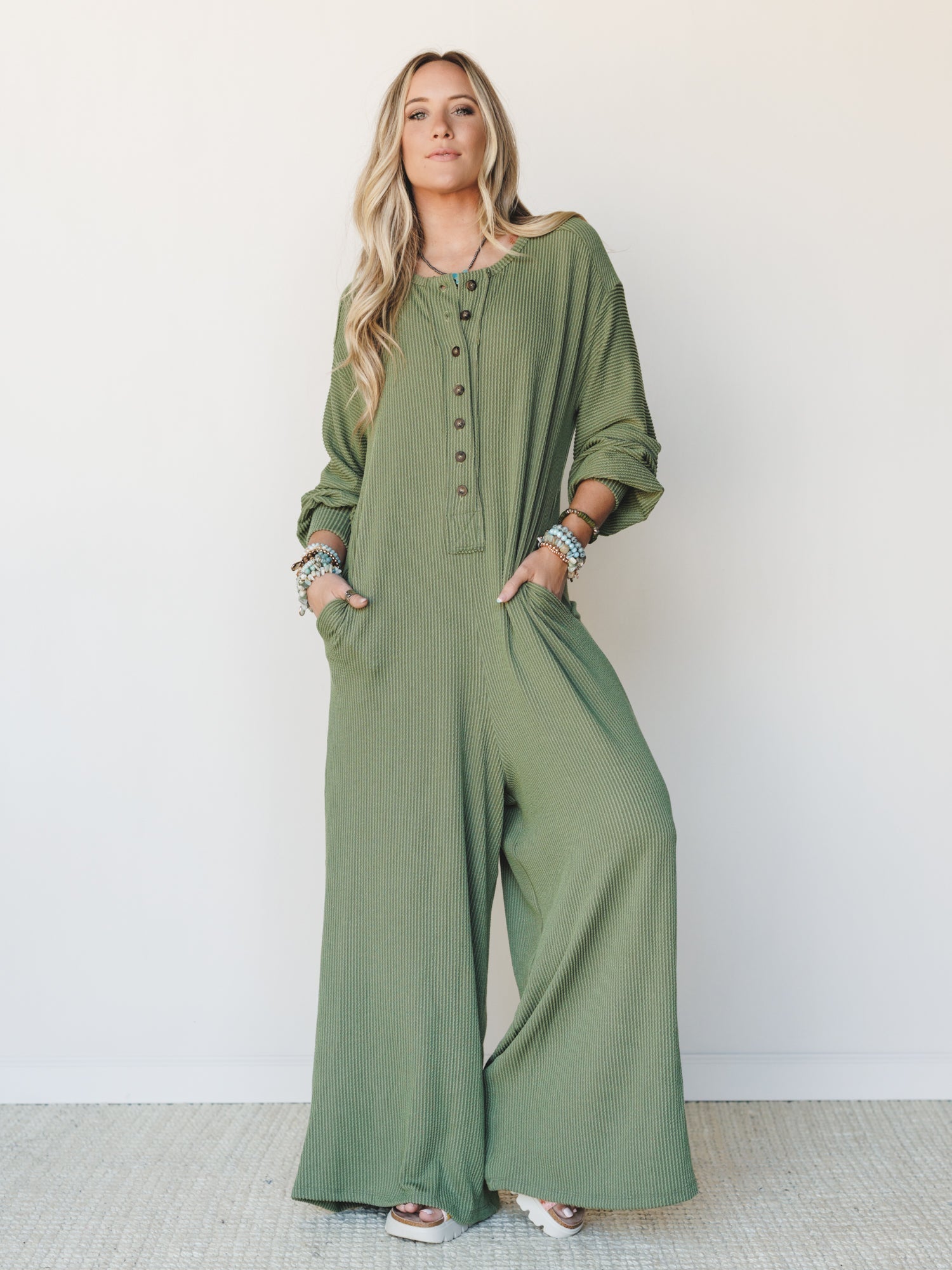 The Nest Daphne Textured Long Sleeve Jumpsuit - Army