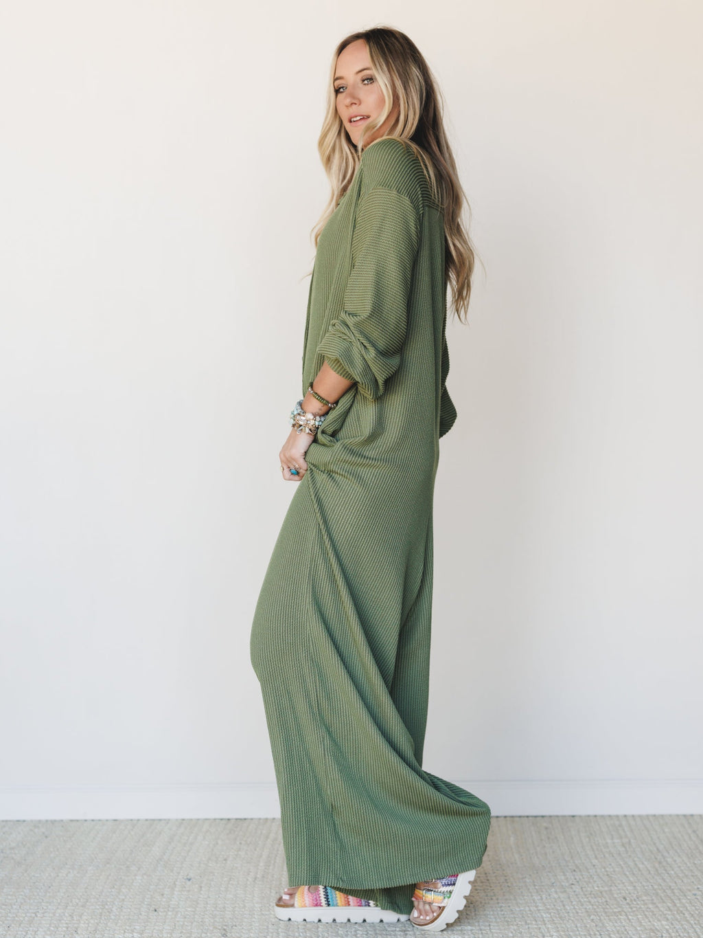 The Nest Daphne Textured Long Sleeve Jumpsuit - Army