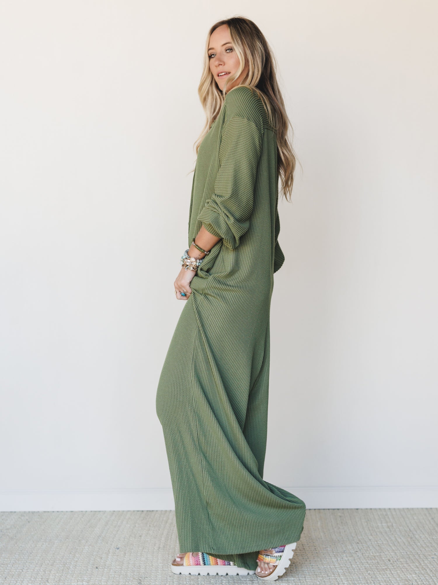 The Nest Daphne Textured Long Sleeve Jumpsuit - Army