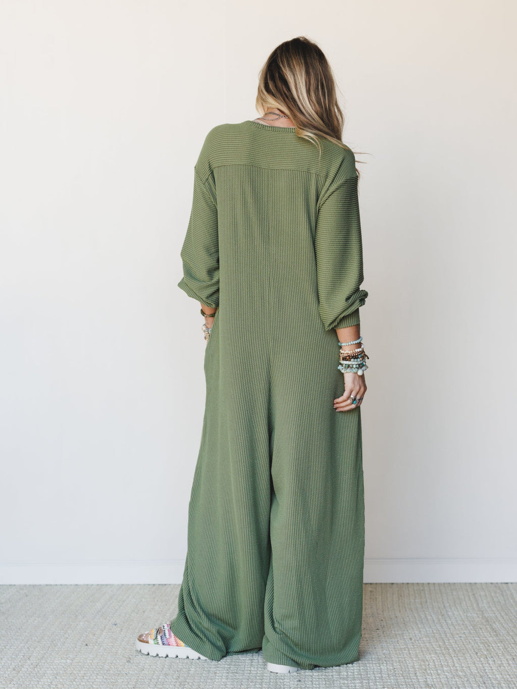 The Nest Daphne Textured Long Sleeve Jumpsuit - Army