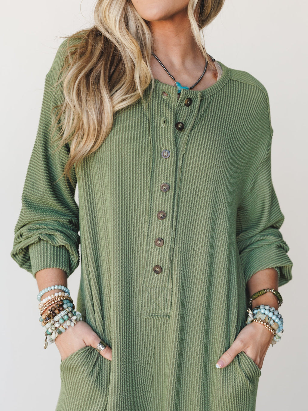 The Nest Daphne Textured Long Sleeve Jumpsuit - Army