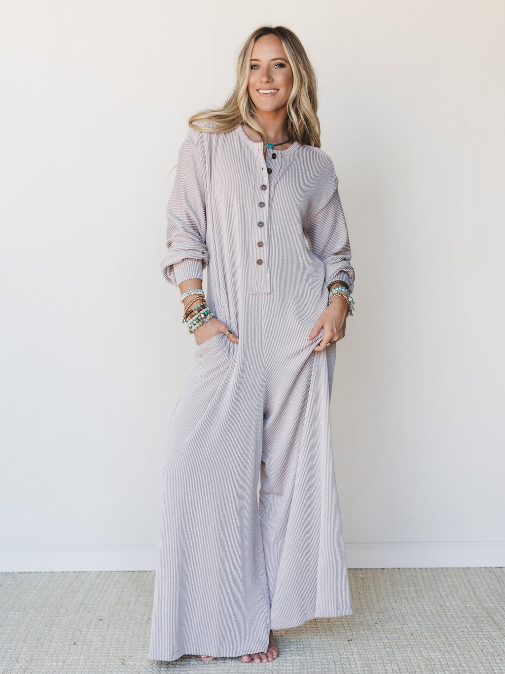 The Nest Daphne Textured Long Sleeve Jumpsuit - Oat