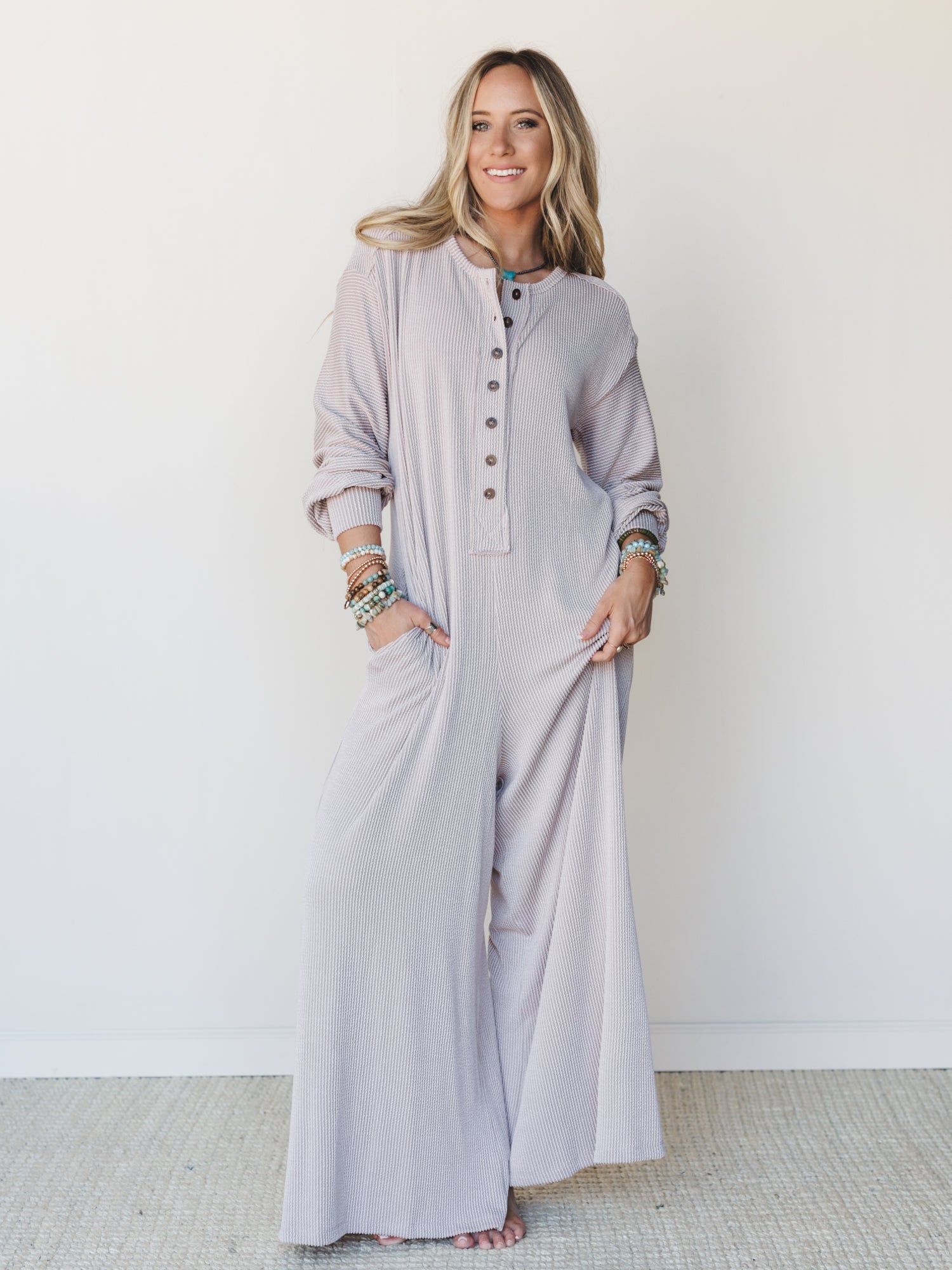 The Nest Daphne Textured Long Sleeve Jumpsuit - Oat