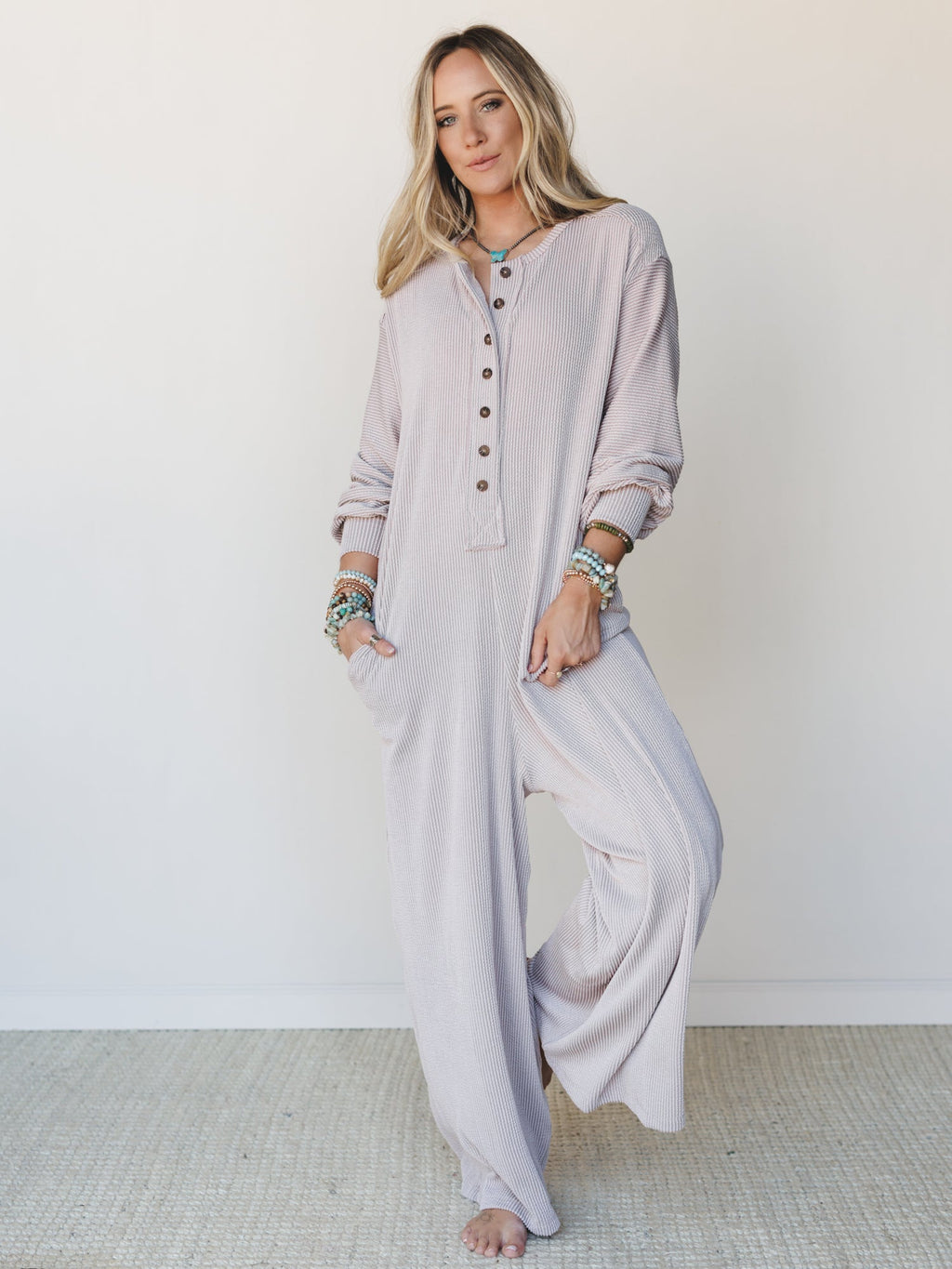 The Nest Daphne Textured Long Sleeve Jumpsuit - Oat