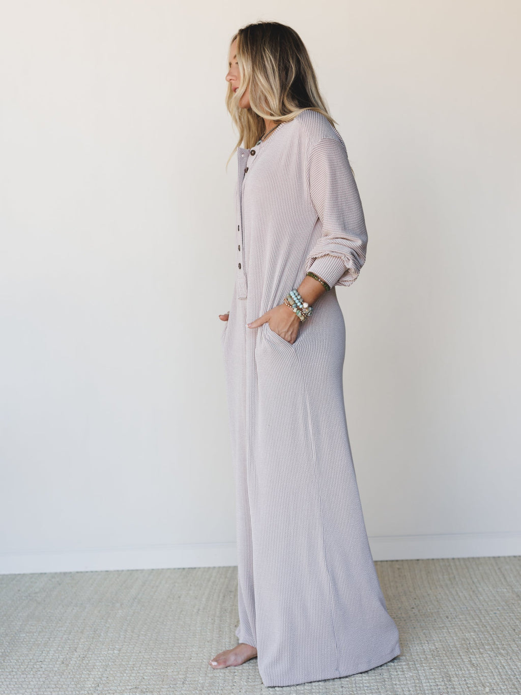 The Nest Daphne Textured Long Sleeve Jumpsuit - Oat