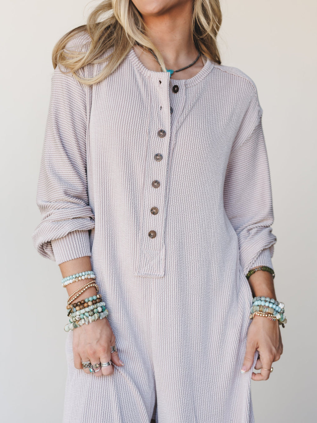 The Nest Daphne Textured Long Sleeve Jumpsuit - Oat