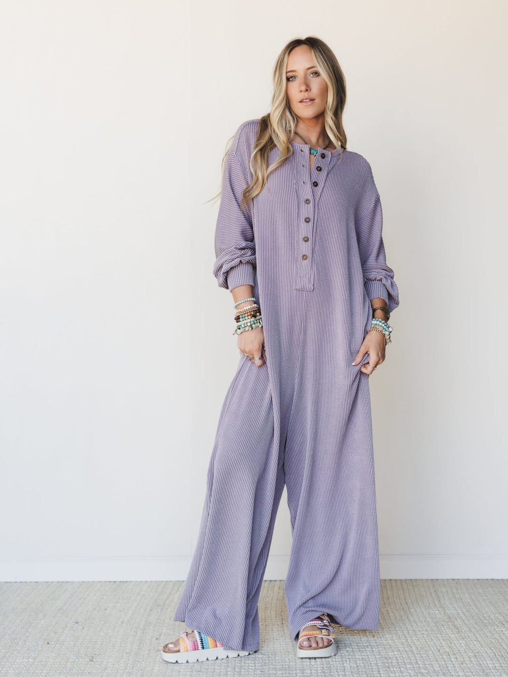 The Nest Daphne Textured Long Sleeve Jumpsuit - Orchid