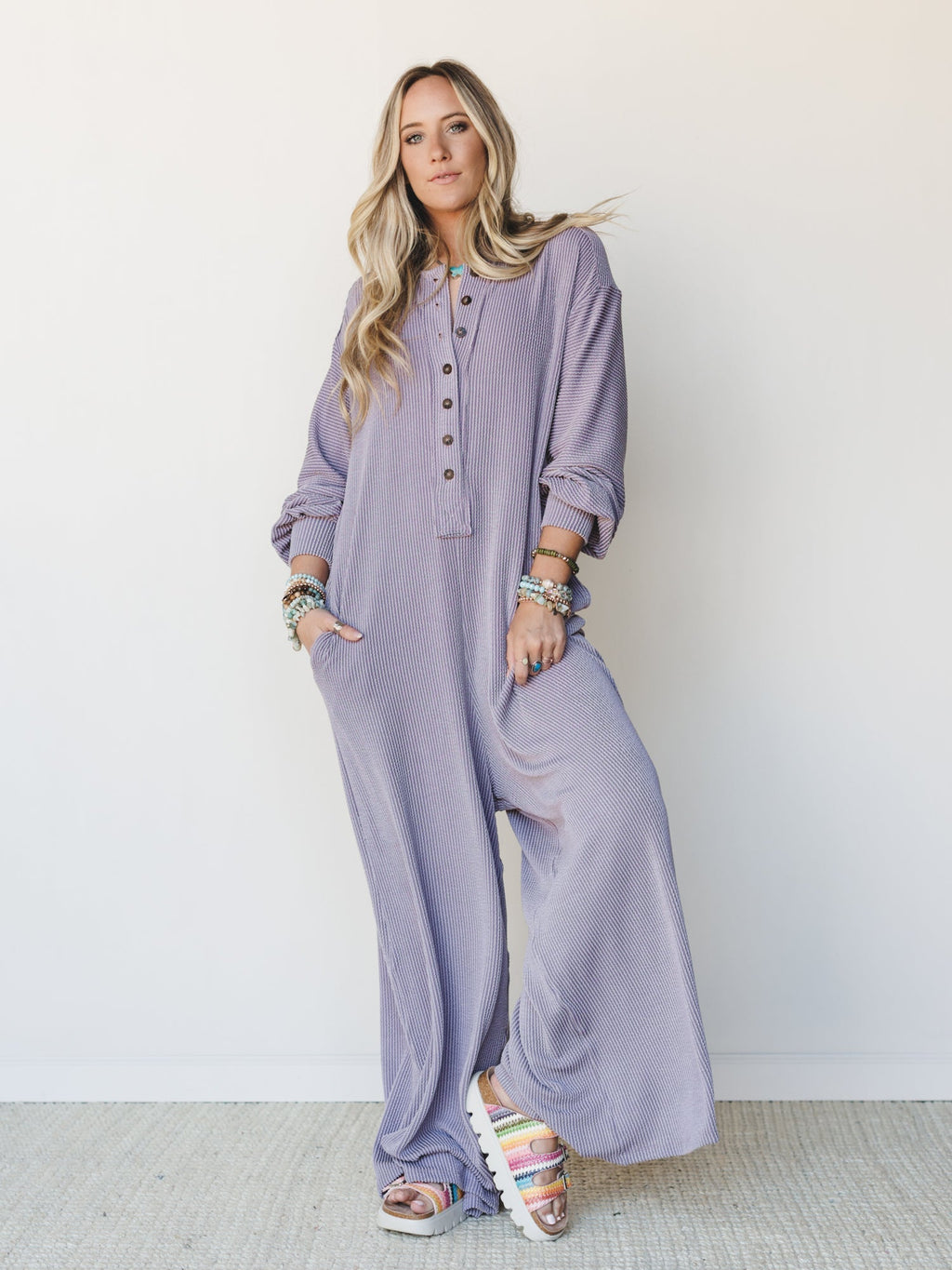 The Nest Daphne Textured Long Sleeve Jumpsuit - Orchid