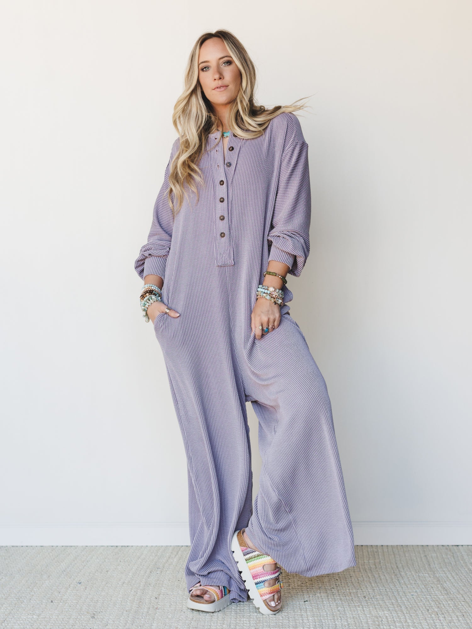 The Nest Daphne Textured Long Sleeve Jumpsuit - Orchid