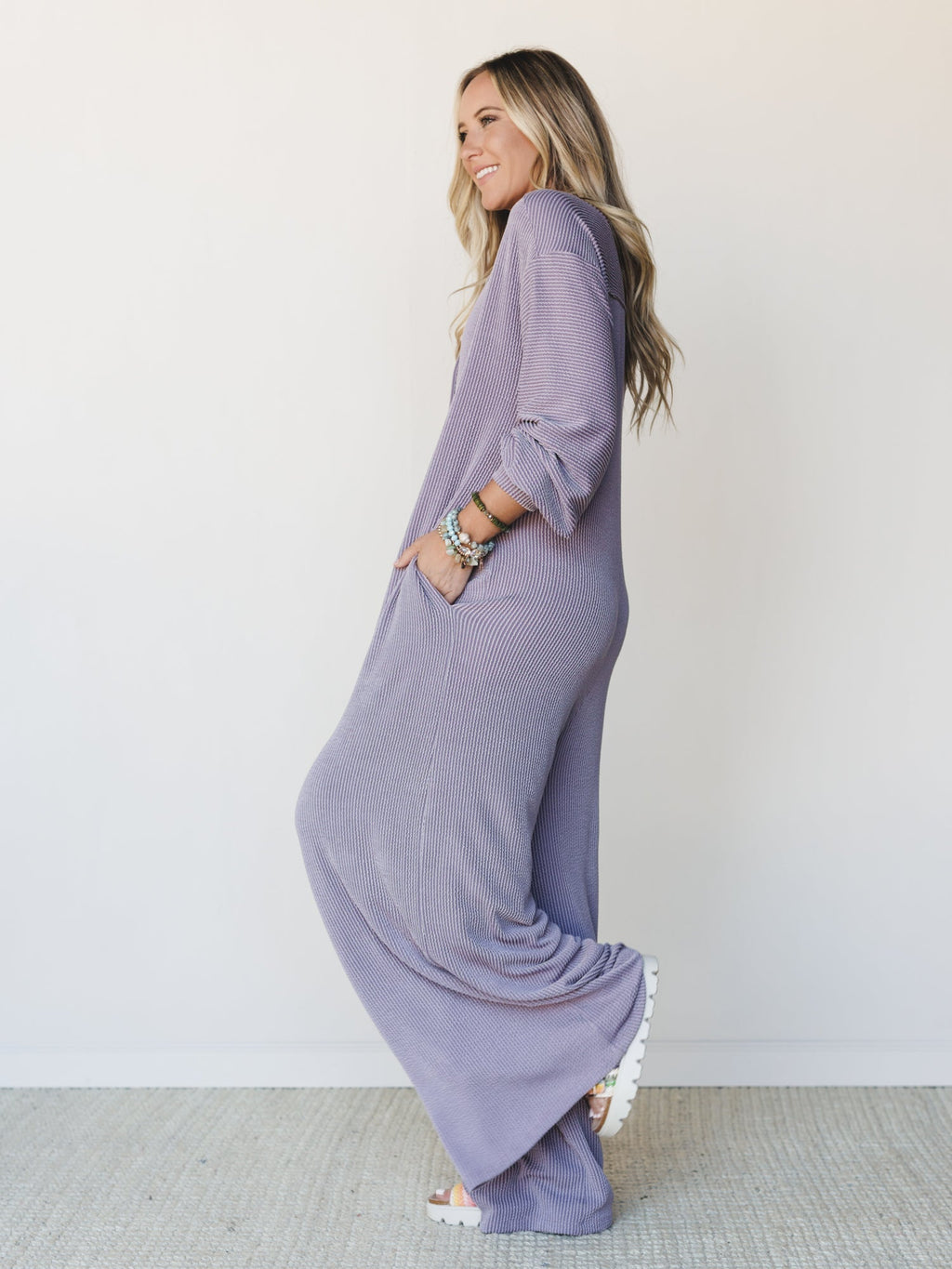 The Nest Daphne Textured Long Sleeve Jumpsuit - Orchid