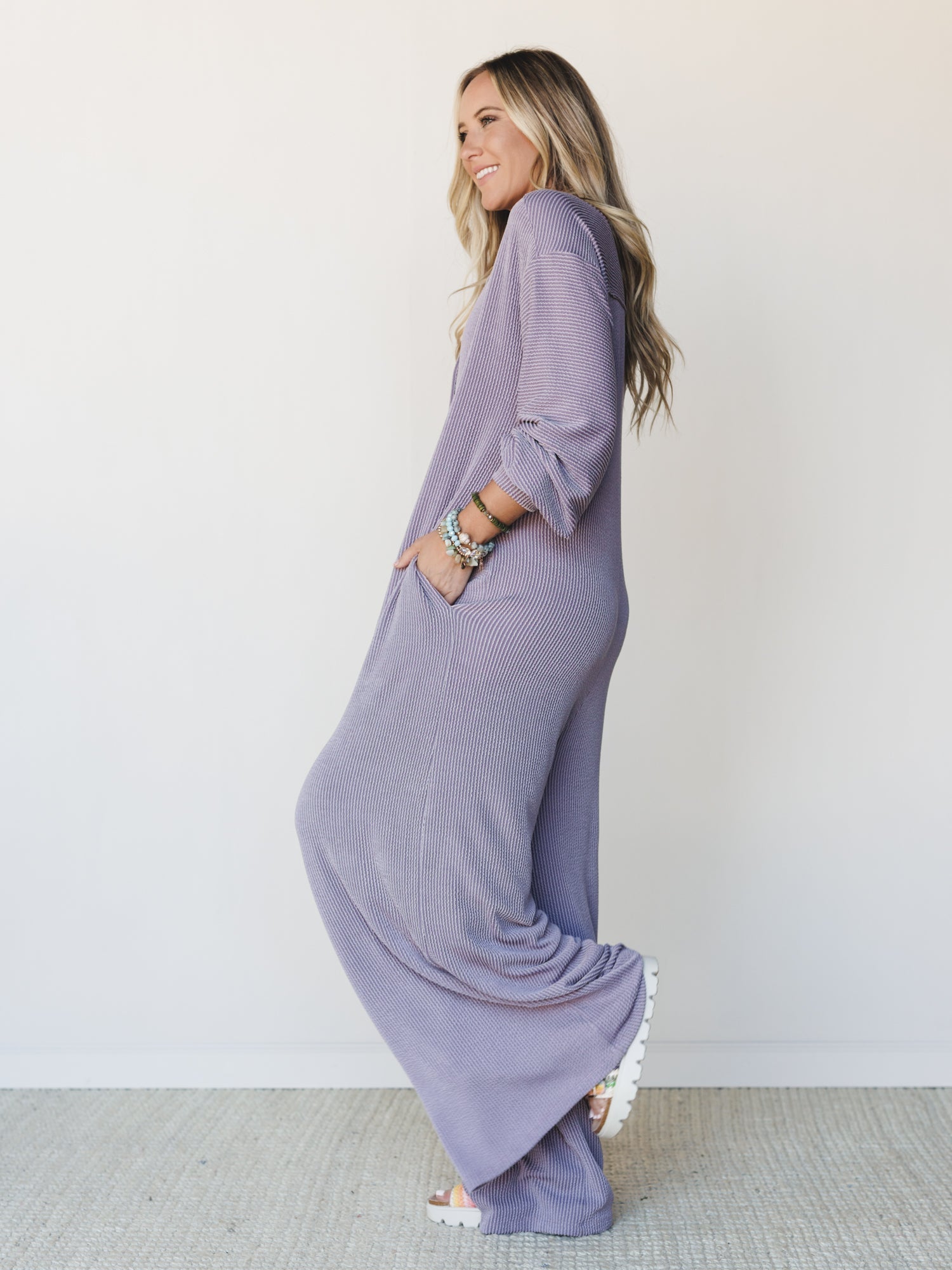 The Nest Daphne Textured Long Sleeve Jumpsuit - Orchid