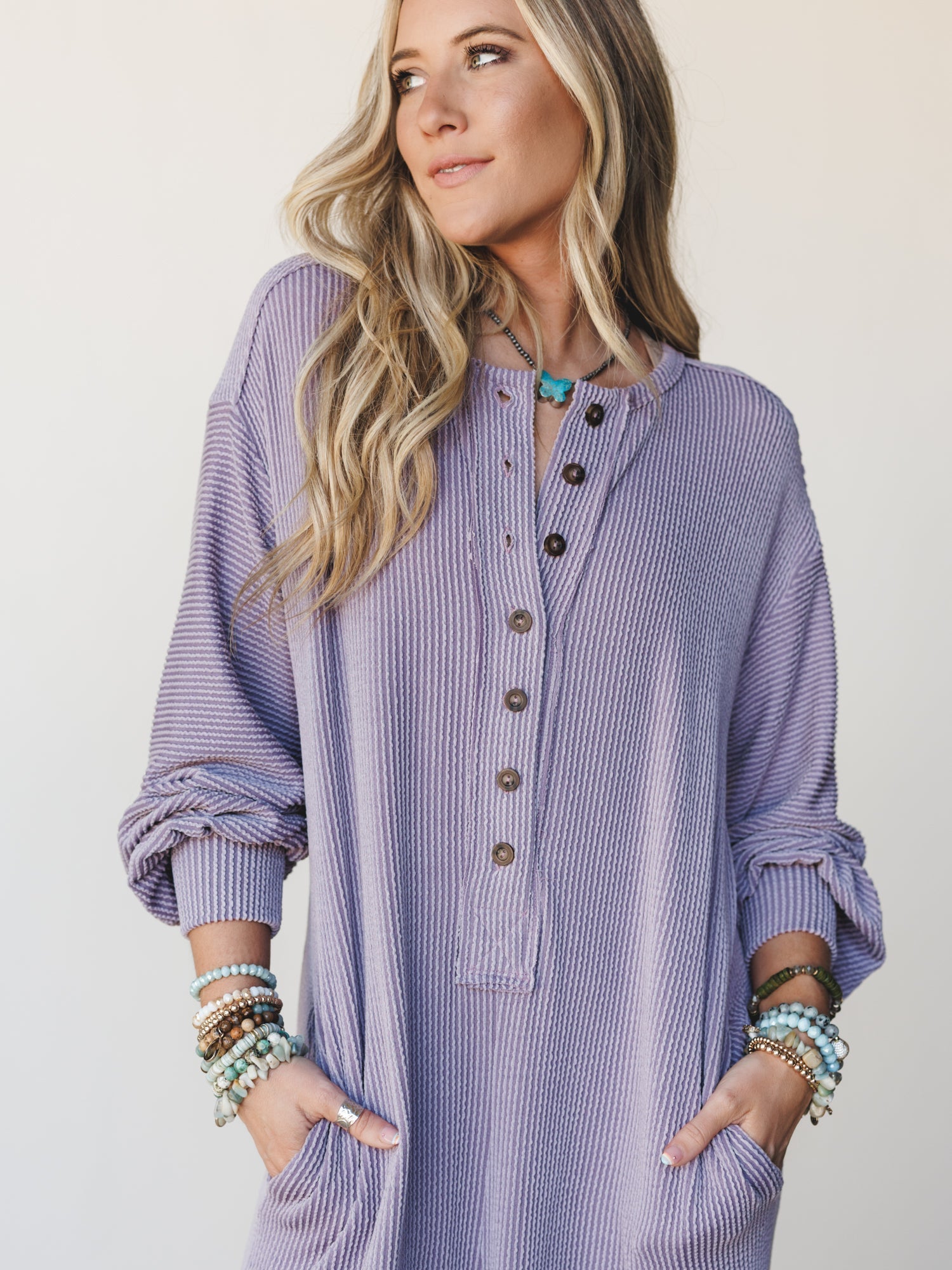 The Nest Daphne Textured Long Sleeve Jumpsuit - Orchid