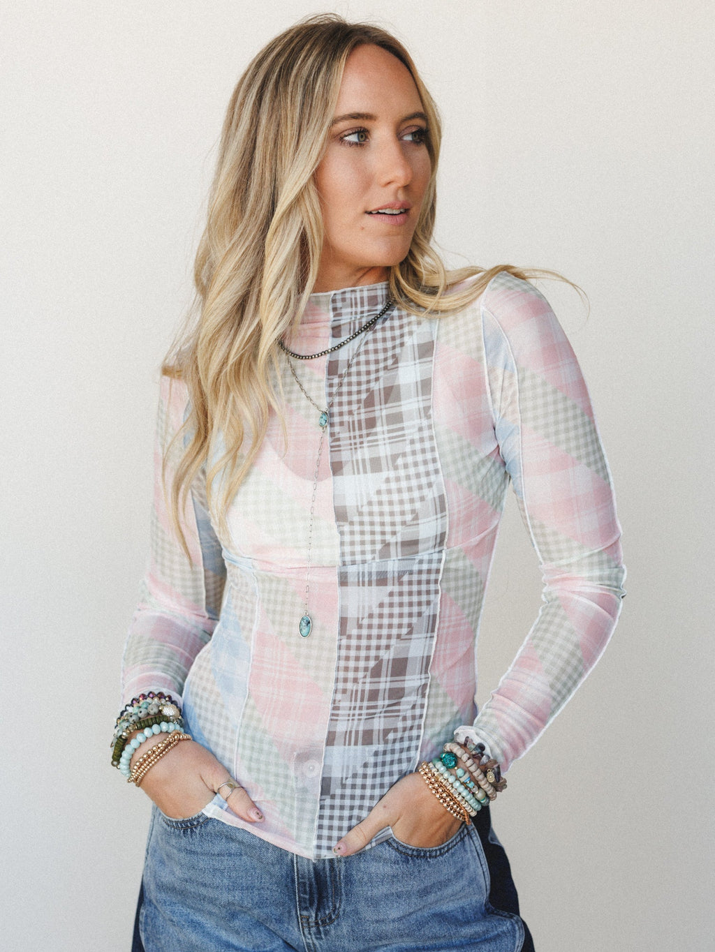 Mixed Print Layering Top - Pastel Blue