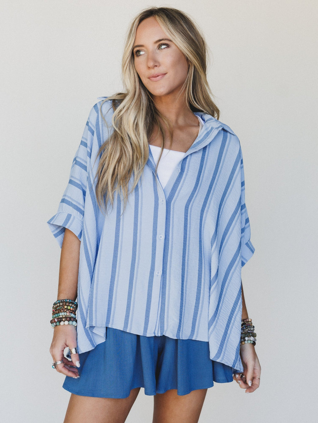 Stripes Above Button Up Top - Blue