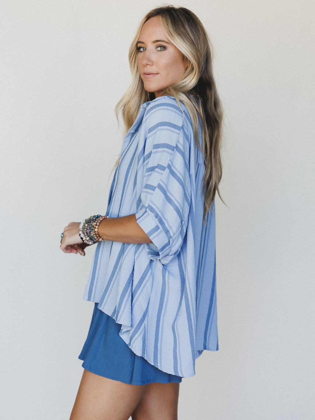 Stripes Above Button Up Top - Blue